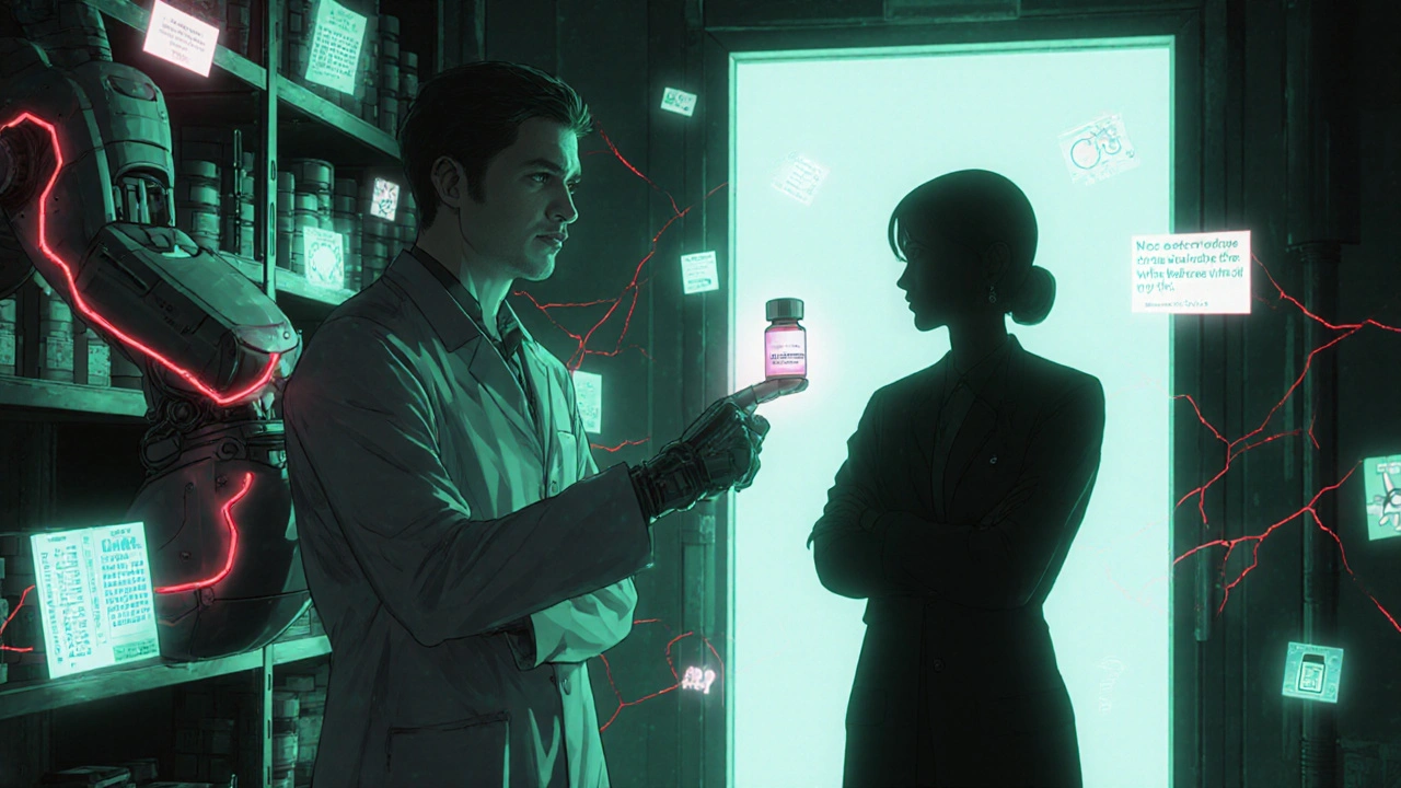 A pharmacist points to a generic drug with holographic supply data, while a hesitant doctor watches from the doorway.