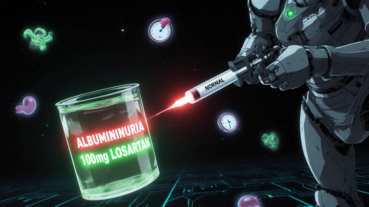 A urine sample with warning readout being corrected by a robot administering high-dose ARB.