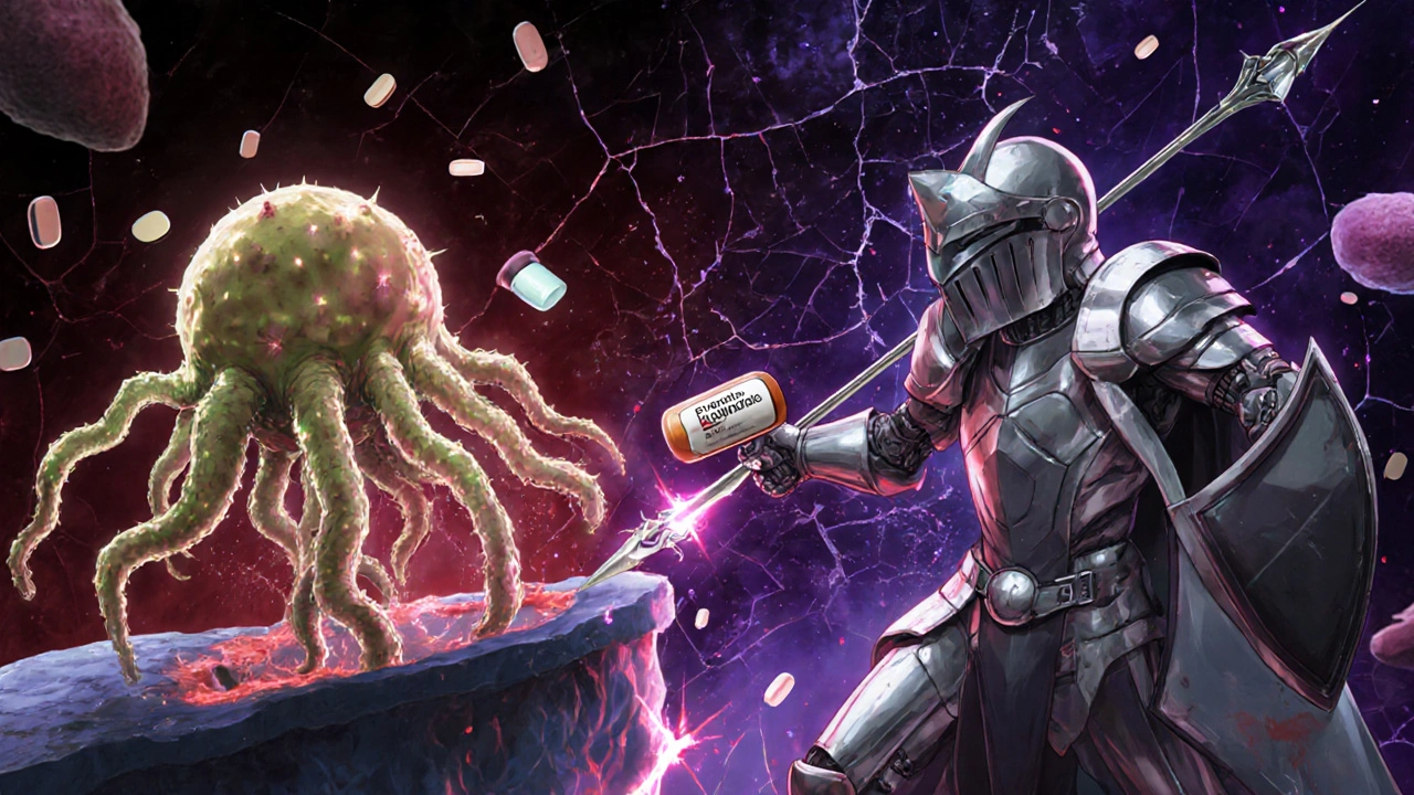 A yeast organism as a mechanical beast invades human tissue, battled by an immune cell knight with antifungal lance.