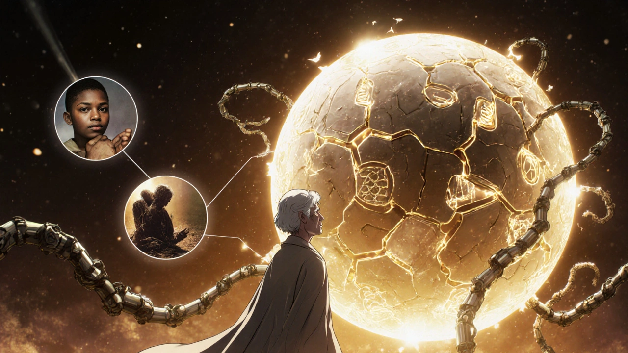 An elderly woman before a glowing Shingrix vaccine capsule, with a timeline of immunity behind her.