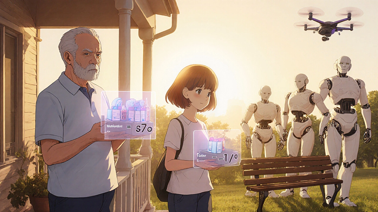 Diverse patients receive medication bundles from drones, with digital price savings displayed beside them.