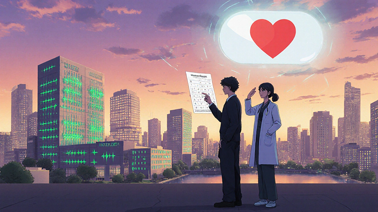 Doctor and patient standing together under a city of hospitals emitting trust pulses from EHR systems.