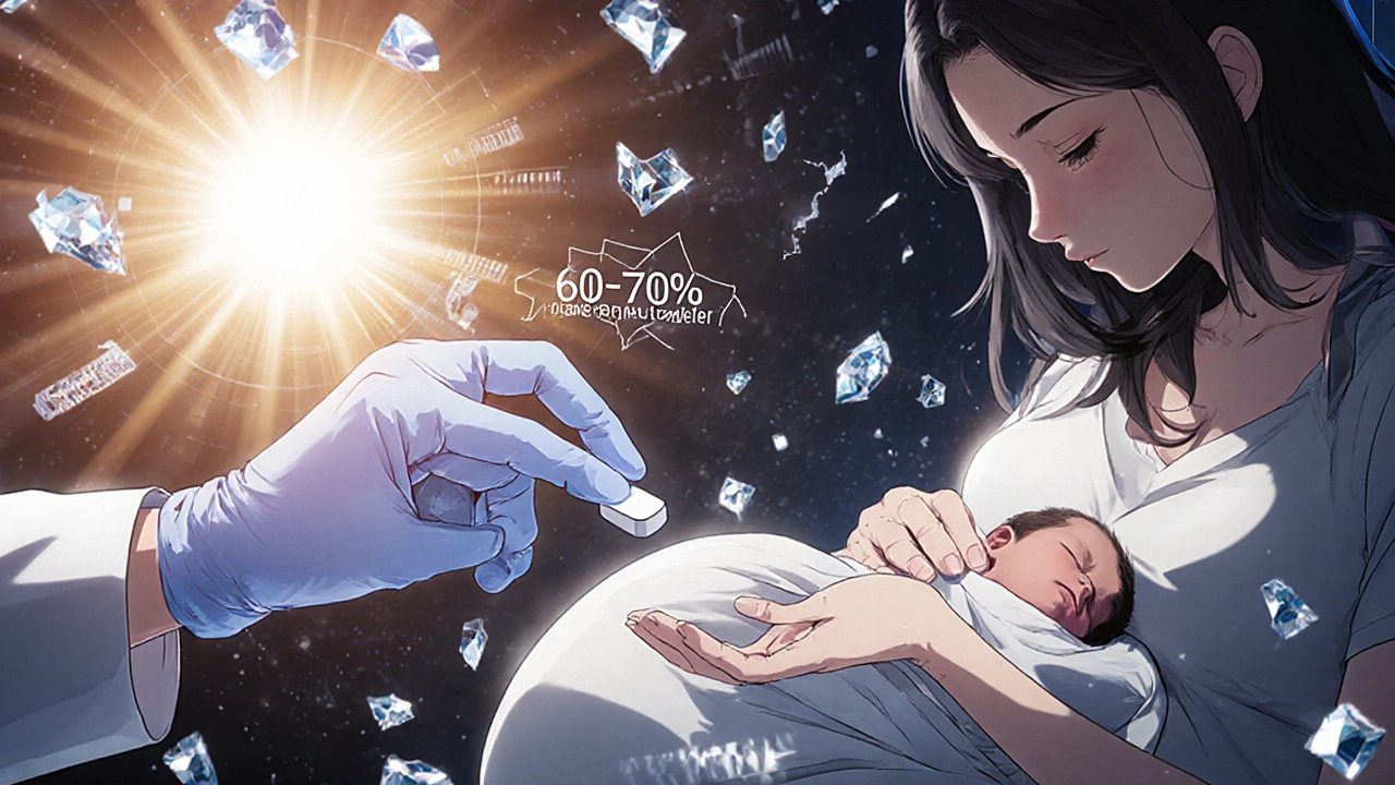 Doctor placing a sertraline pill in a pregnant woman&#039;s hand, with floating safety data icons around them.