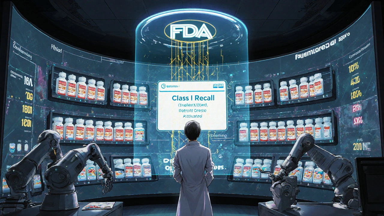 Futuristic pharmacy control room with blockchain drug traceability and AI patient risk alerts.