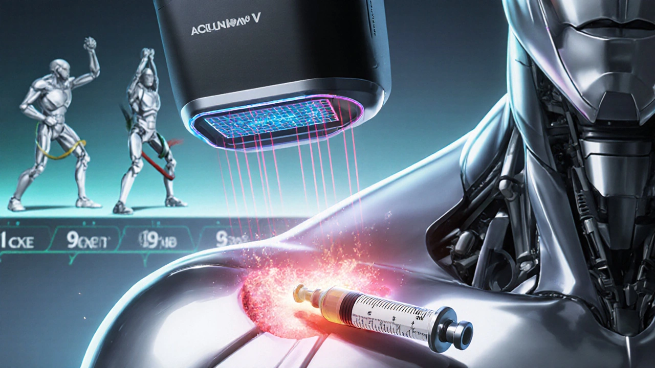 Futuristic ultrasound device injecting PRP plasma into shoulder with accuracy grid and discarded syringe.