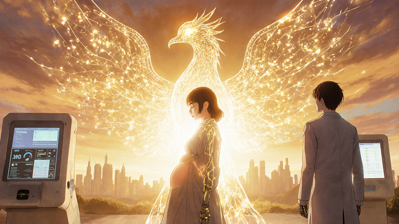 Mother at sunrise as toxic bile molecules transform into a dissolving phoenix, symbolizing recovery and future liver health.