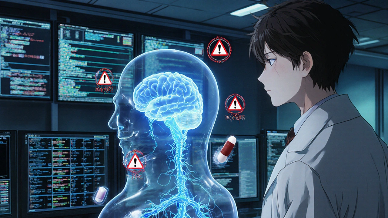 Neurologist facing a glitching generic pill with FDA seals and patient data warnings.