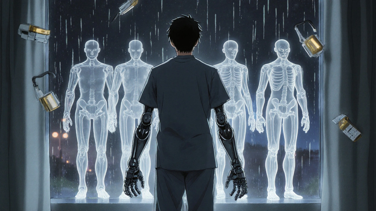 Patient confronting their altered body in a mirror, with fading past selves symbolizing years of undiagnosed acromegaly.