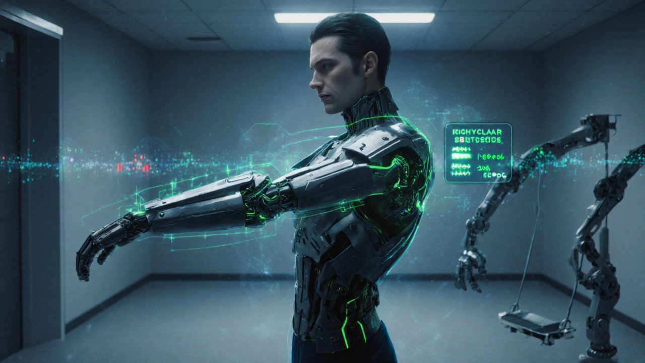 Person doing scapular retractions with glowing armored plates and green biomechanical feedback overlay.