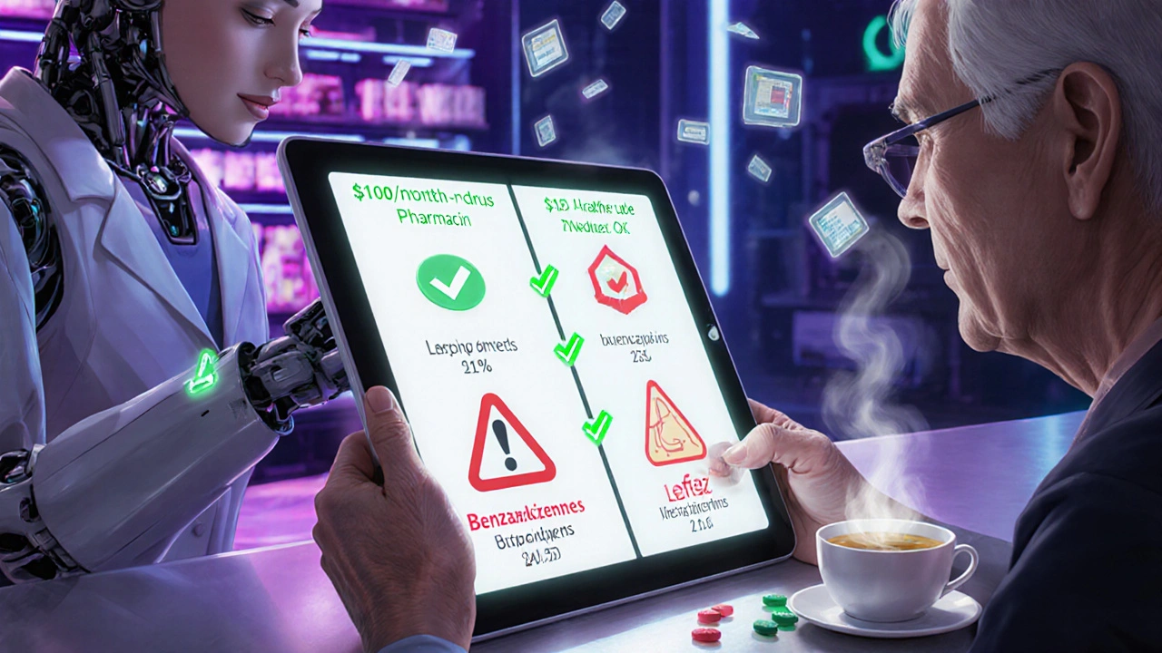 Pharmacist handing a patient a tablet showing cost comparison between brand-name and generic drugs.