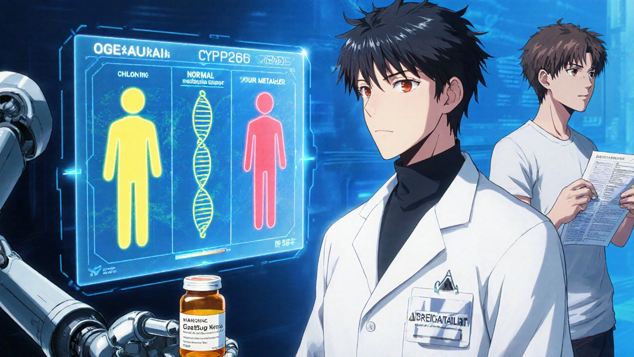 Pharmacist using holographic genetic map to warn about drug metabolism risks, patient holding medication list.