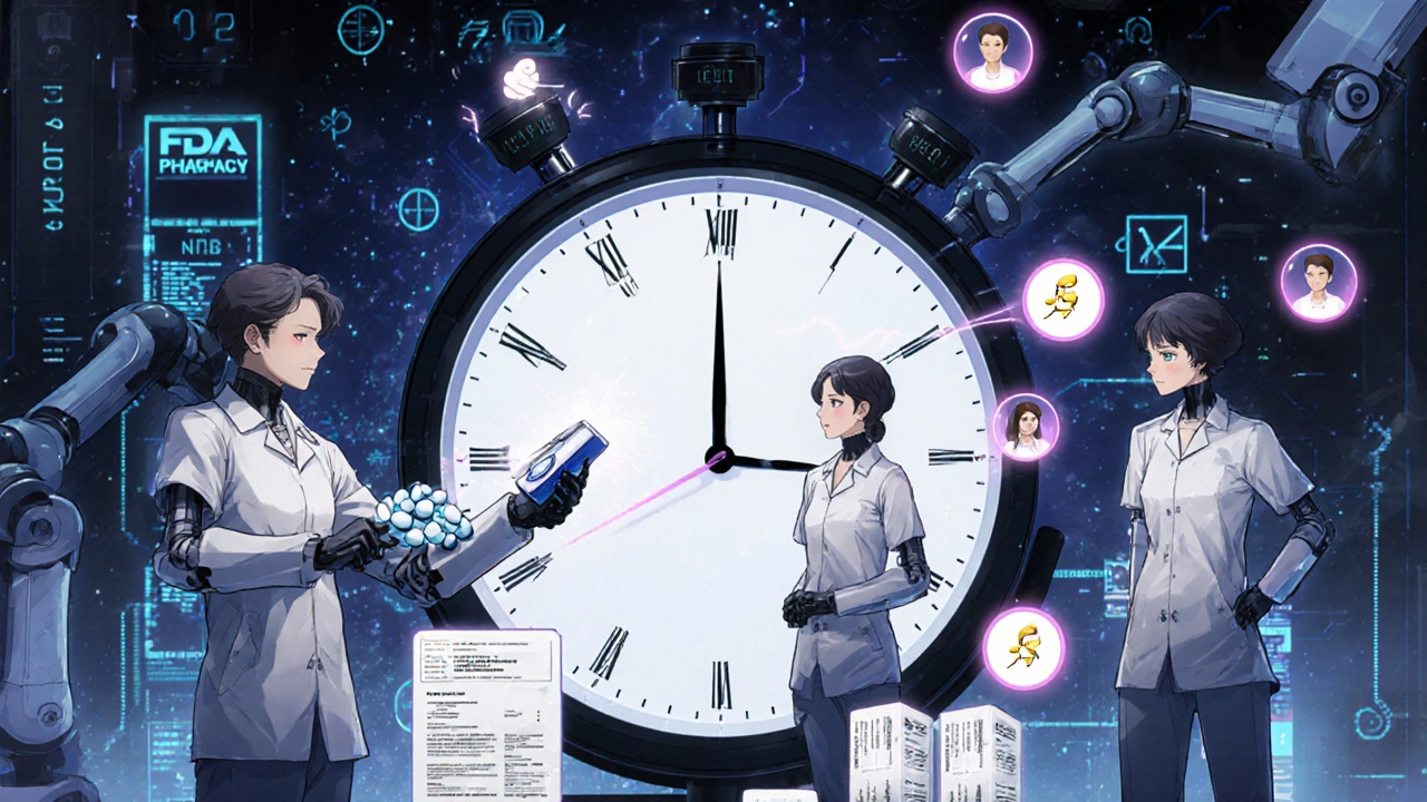 Pharmacy team performing recall drill with glowing patient notifications and countdown clock.