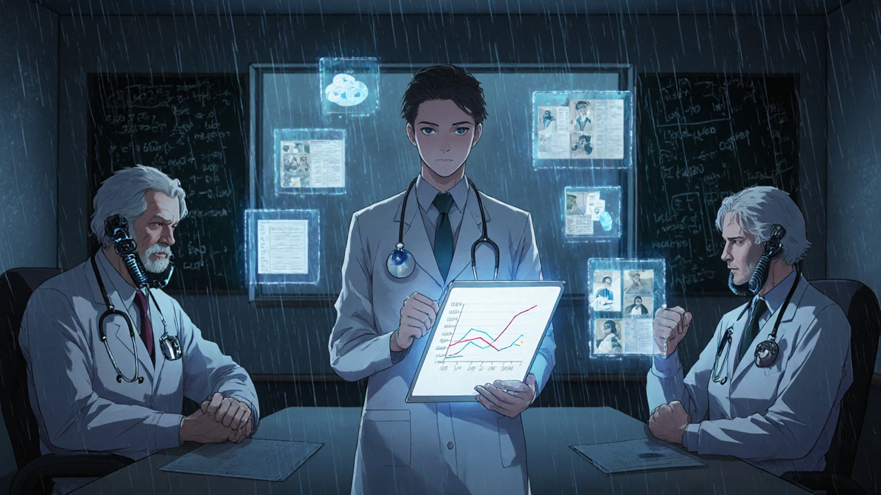 Physicians gather as real-world outcome graphs glow above them, signaling a shift in trust toward generics.