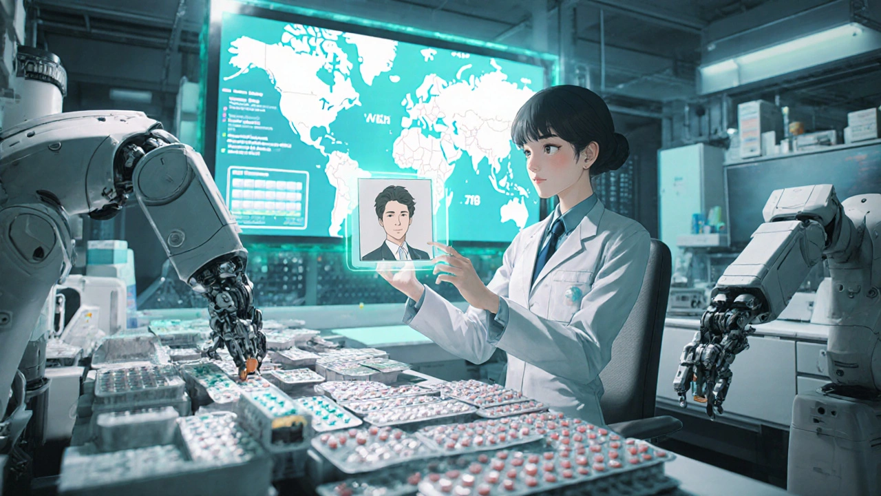 Robotic arms sort pills in a high-tech pharmacy center with holographic patient data displays.