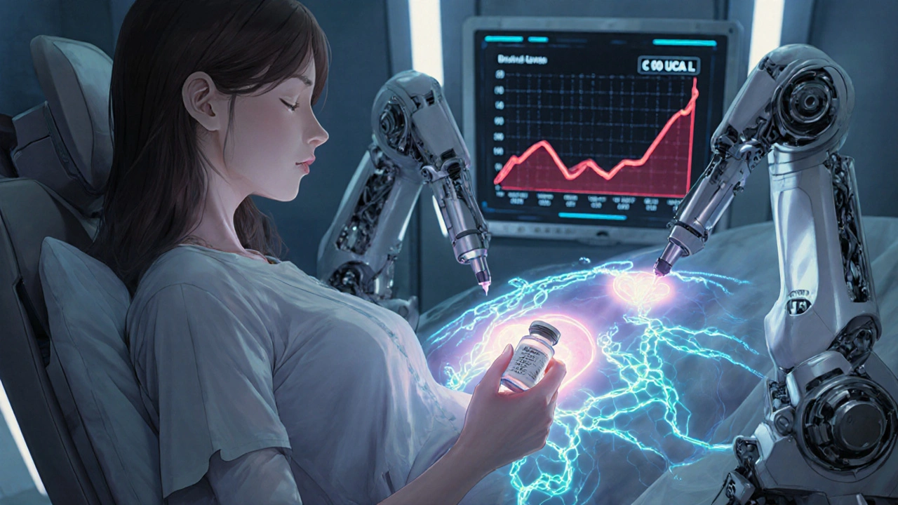 Robotic fetal monitors projecting holographic heart rhythms as a mother holds UDCA medication in a glowing clinic.