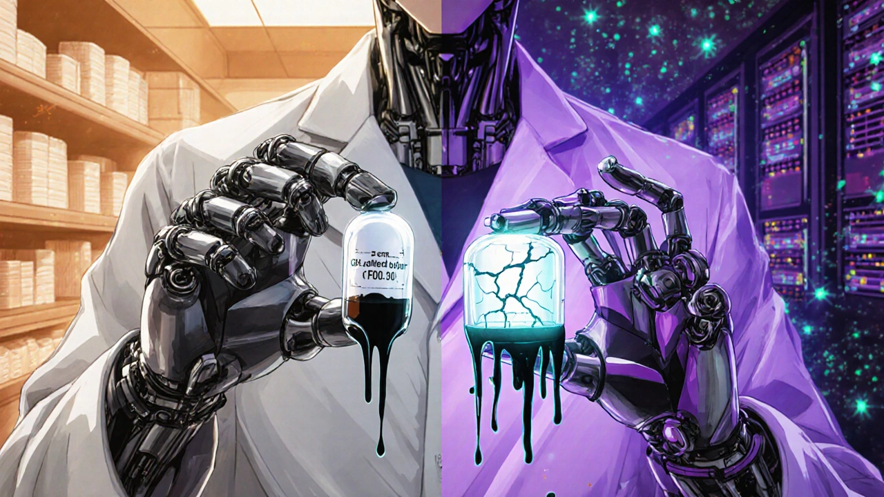Robotic hand placing a real pill next to a glowing counterfeit pill oozing black fentanyl, split-screen of legitimate and fake pharmacies.