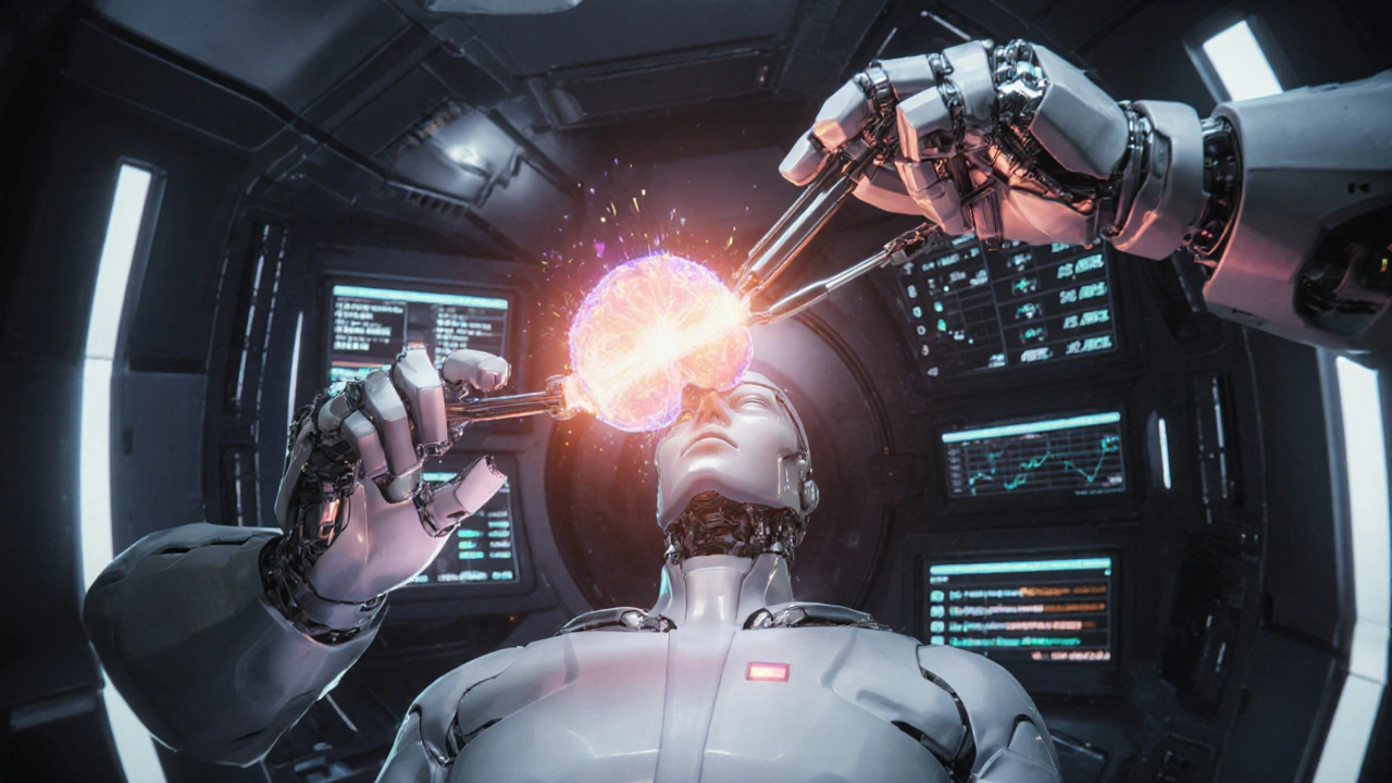 Robotic surgeon performing precise tumor removal via nasal passage with holographic hormone readouts.