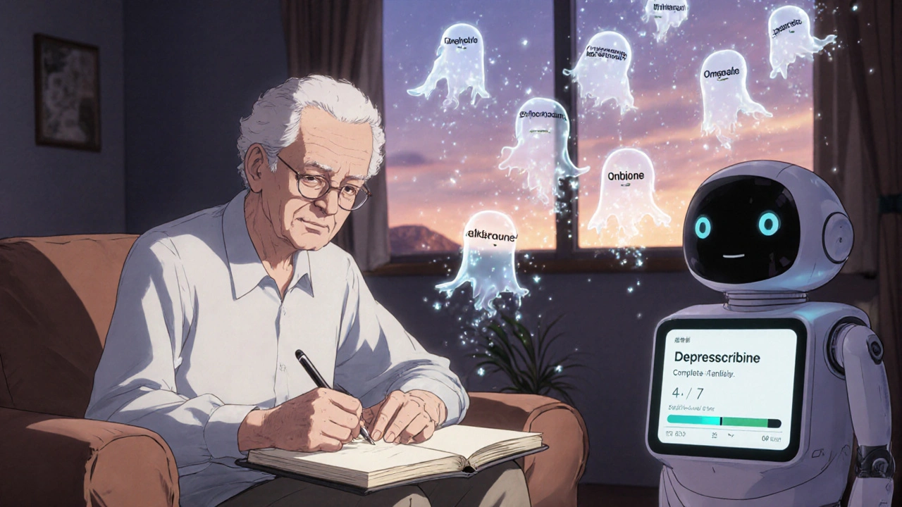 Senior journaling as ghostly pills fade away, aided by a hovering robotic assistant in a cozy home.