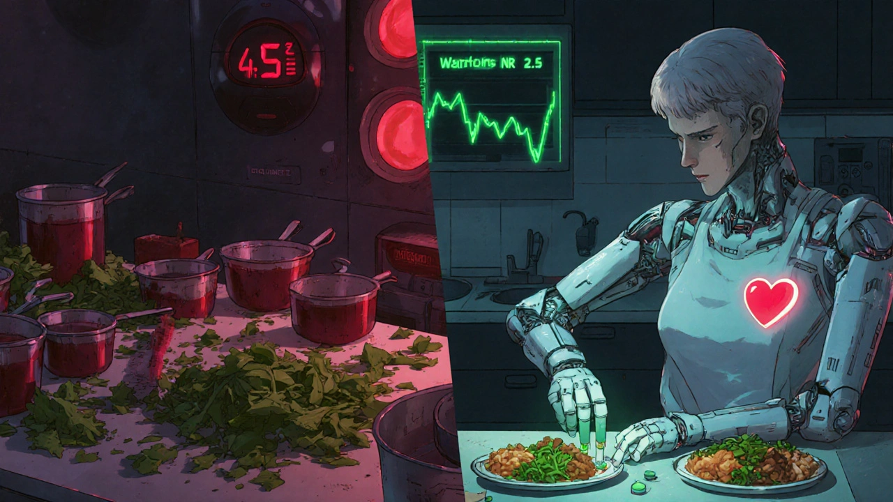Split scene: chaotic kitchen with high INR alarm vs. orderly kitchen with stable INR and robotic medical aid.