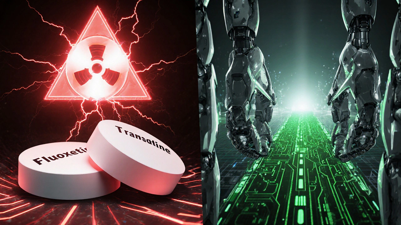 Split-screen: dangerous drug combo with red hazard vs. safe pain meds as robotic limbs connecting to nervous system.