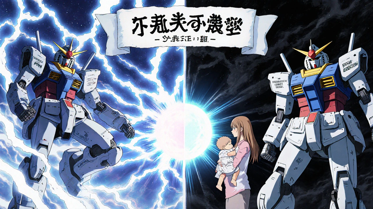 Symbolic battlefield inside a pregnant woman&#039;s mind, showing treatment vs. untreated depression as robots.