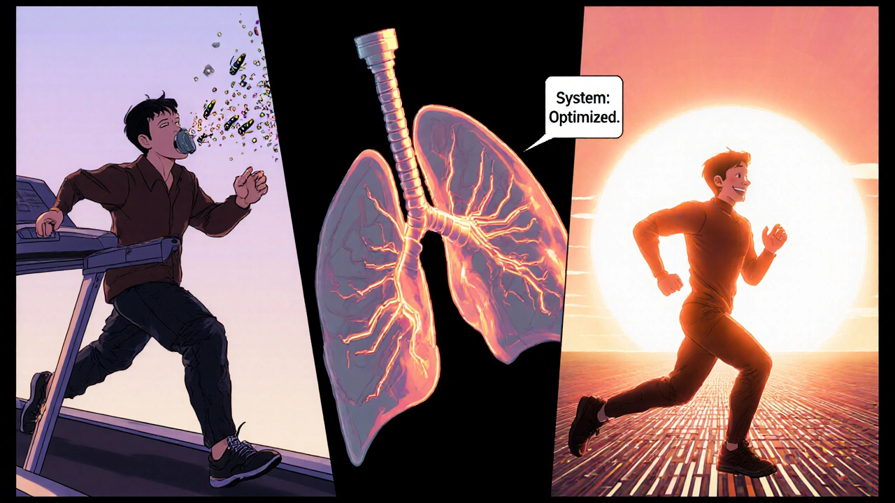 Three-panel sequence showing asthma symptoms transforming into free breathing with glowing airways.