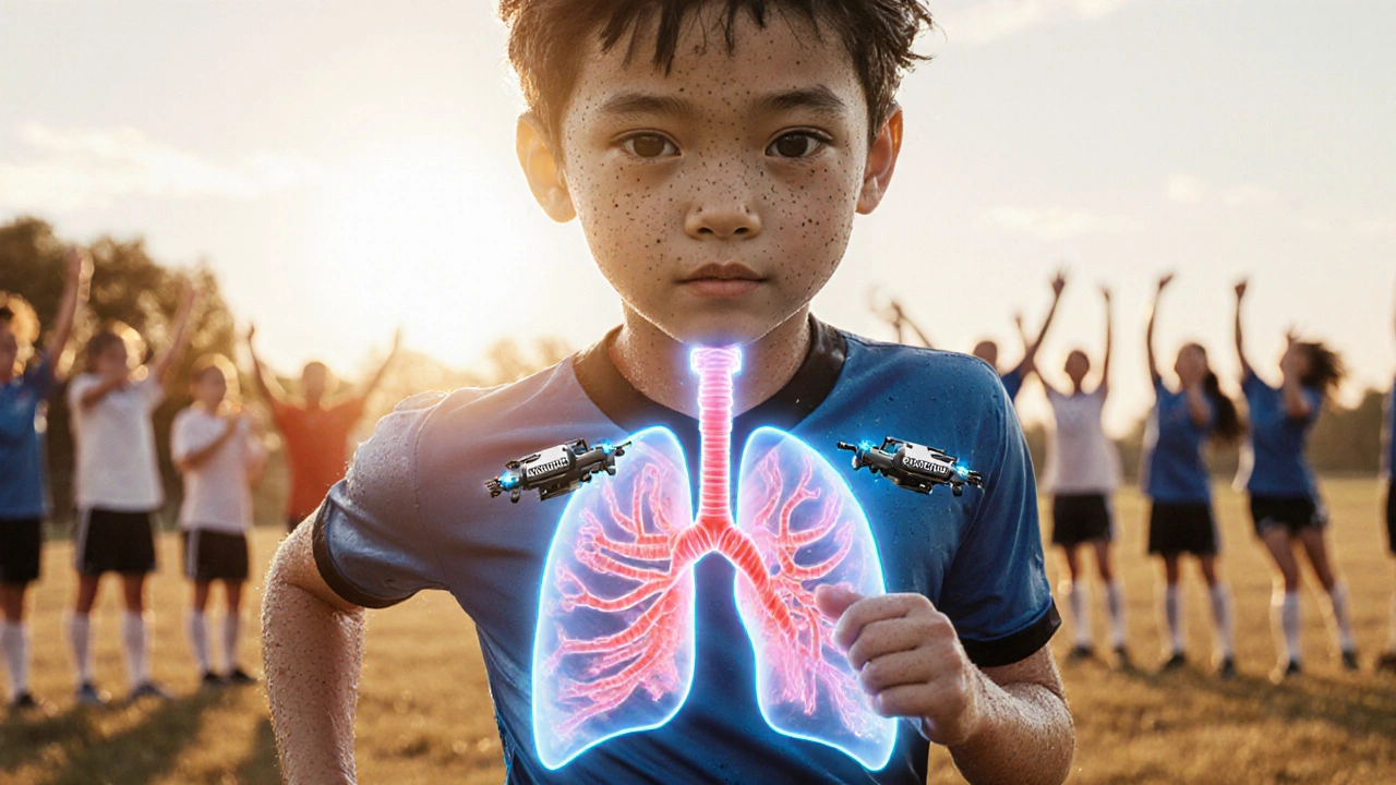 Young soccer player sprinting with holographic airway visualization showing dilation and inflammation control.