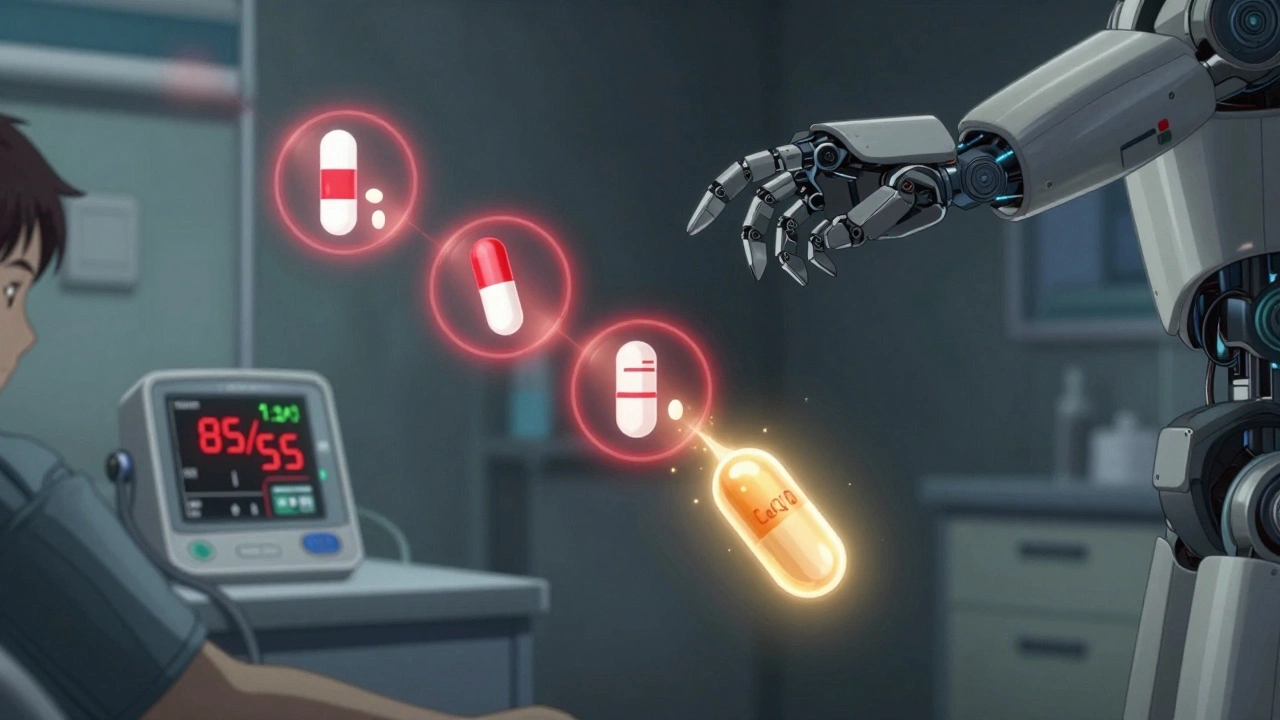 A blood pressure monitor showing dangerously low readings as medication icons pulse red, with a golden CoQ10 capsule merging with them.