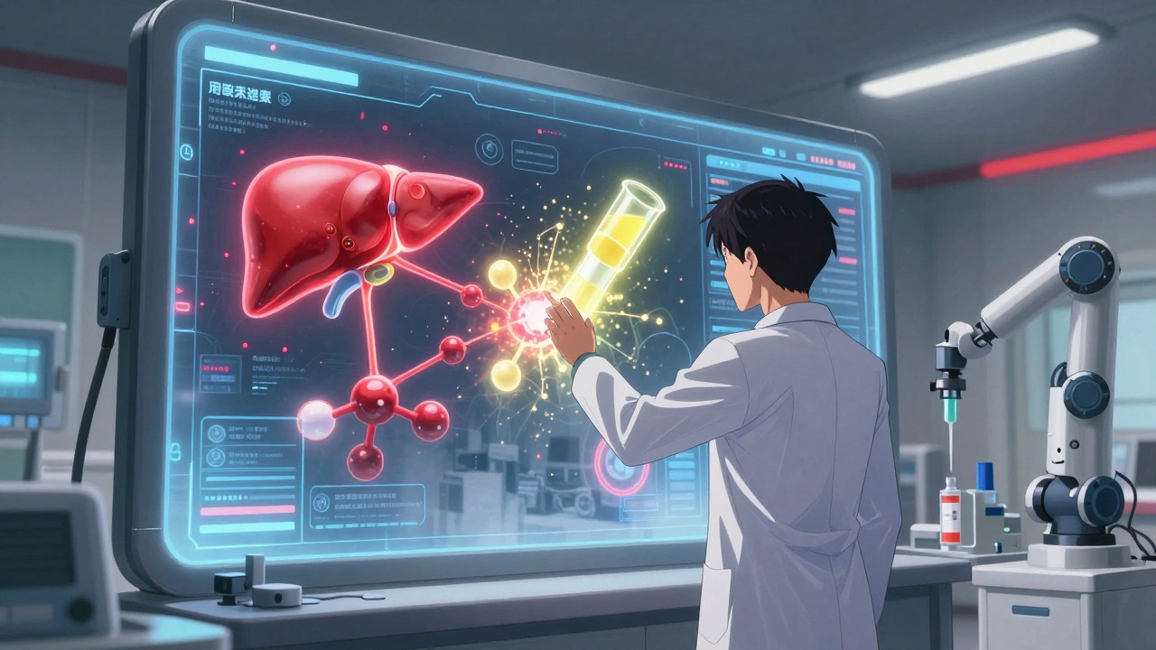 A clinician interacts with a 3D drug interaction interface in a hospital control room, with robotic arms adjusting dispensers.
