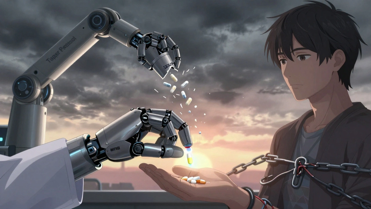 A doctor handing an SSRIs capsule while benzodiazepine pills crumble to ash, symbolizing safer anxiety treatment.