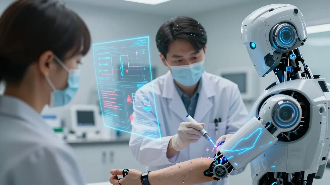 A doctor performing a penicillin skin test with holographic immune response data.