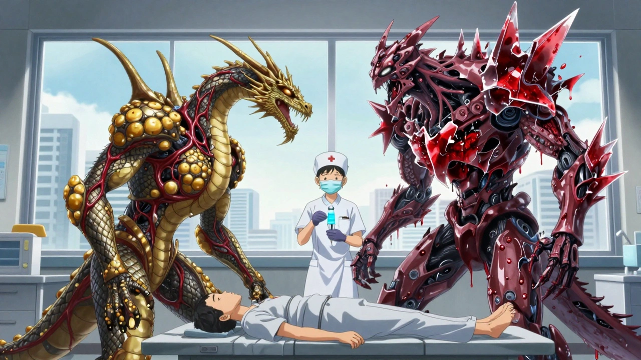 A dragon made of blood vessels battles a glass golem of bleeding fluid above a surgical table, with a nurse holding a reversal agent.