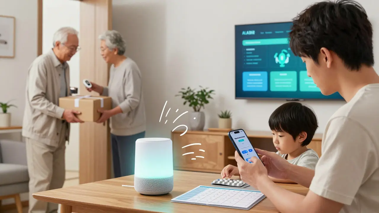 A family receives and organizes delivered generic medications with smart tech in their living room.