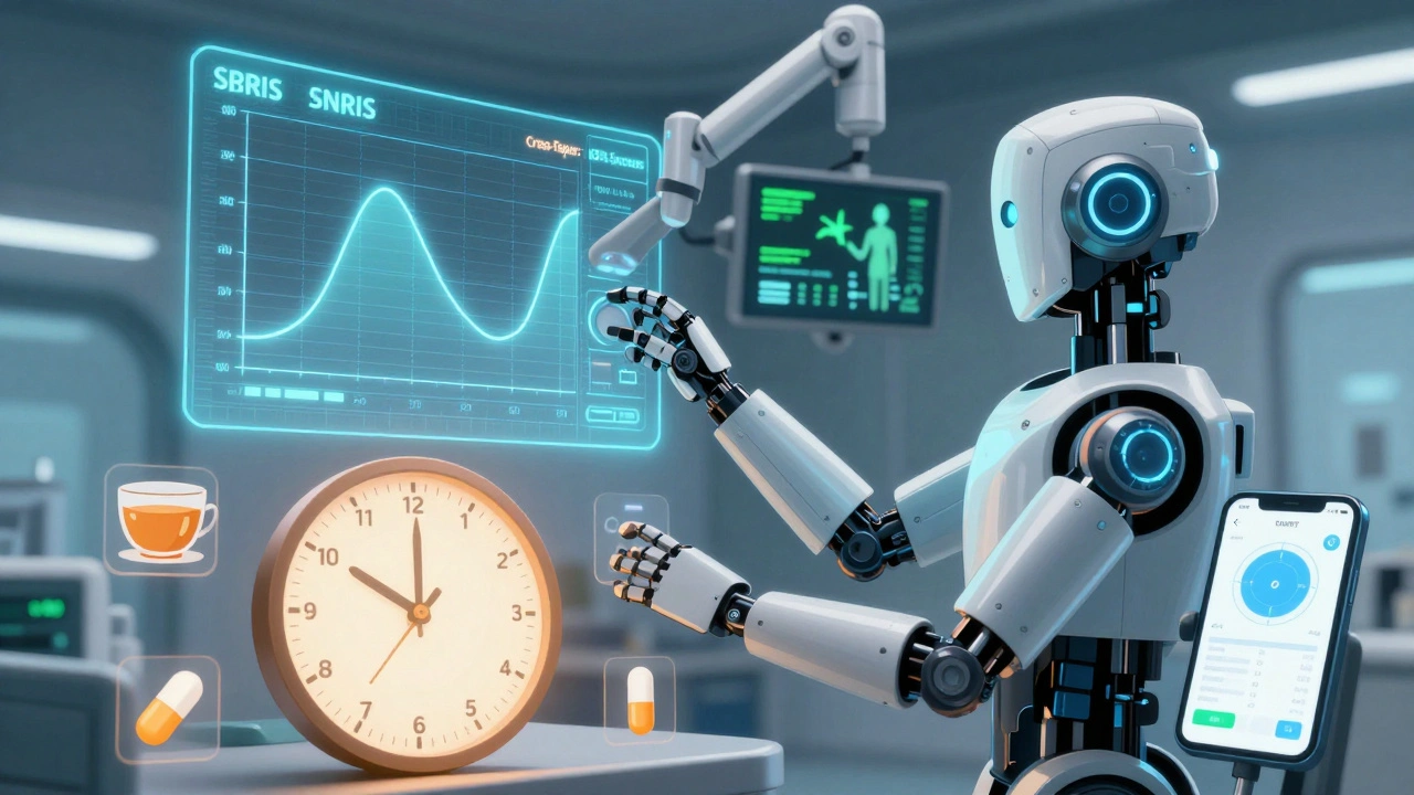 A futuristic medical panel with holographic taper charts and a robotic arm adjusting medication dosages.