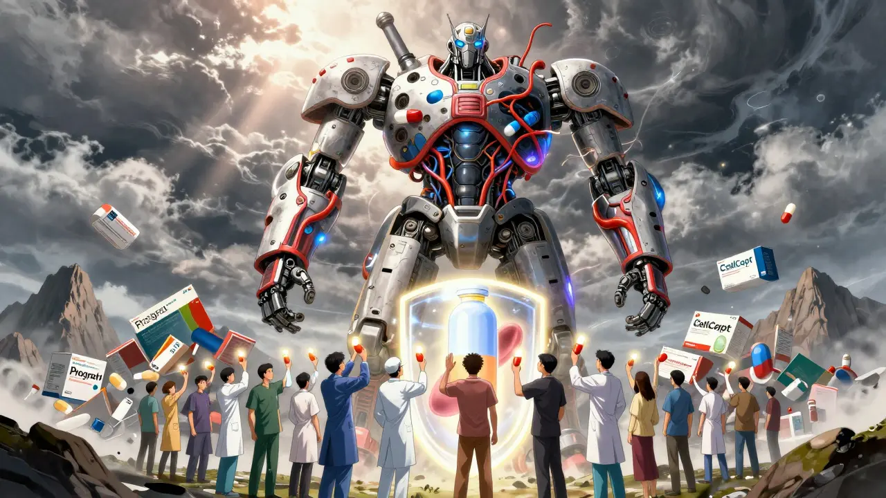 A giant robot made of pill bottles and blood vessels standing on discarded brand drug boxes, protecting humans below.