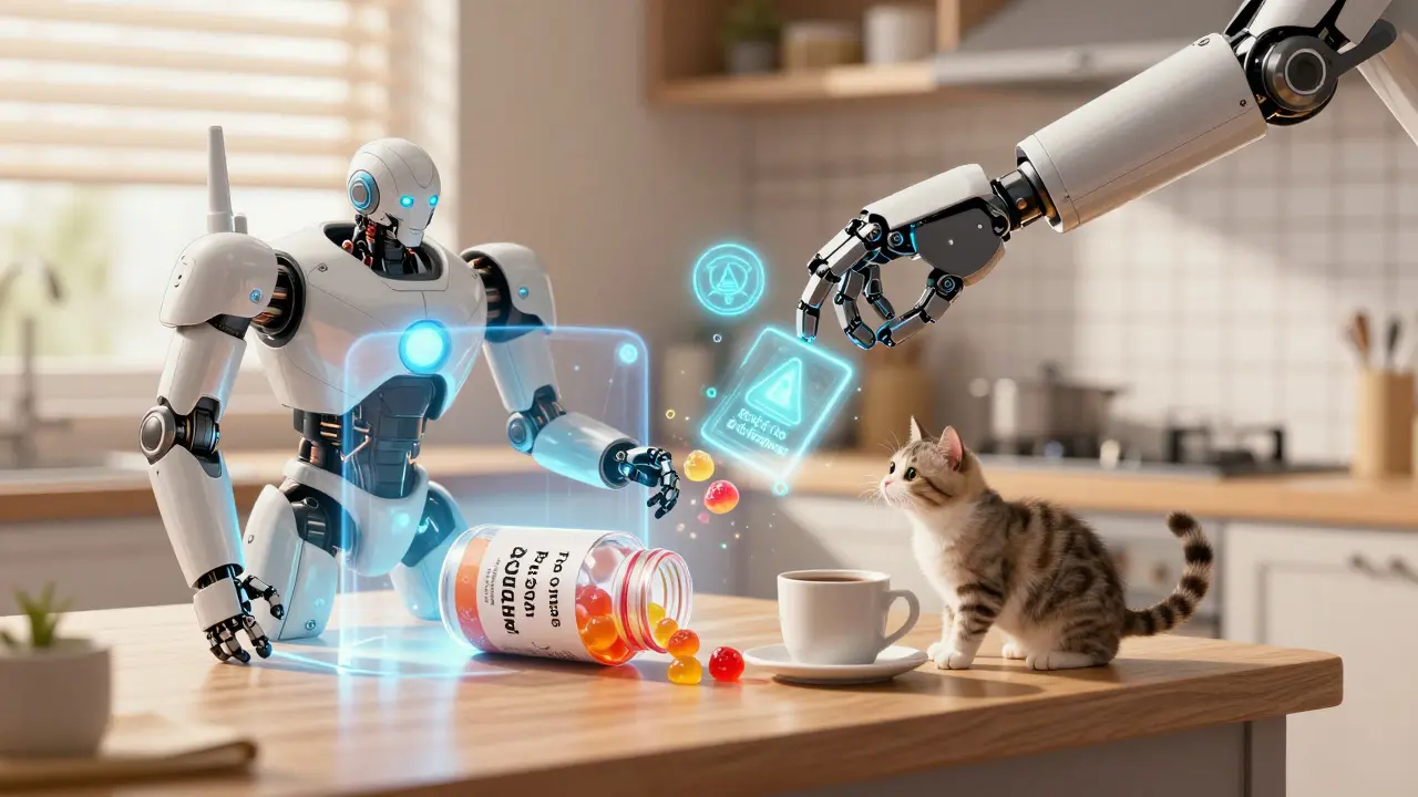 A gummy vitamin bottle on a counter protected by a force field as a robotic arm retrieves it.