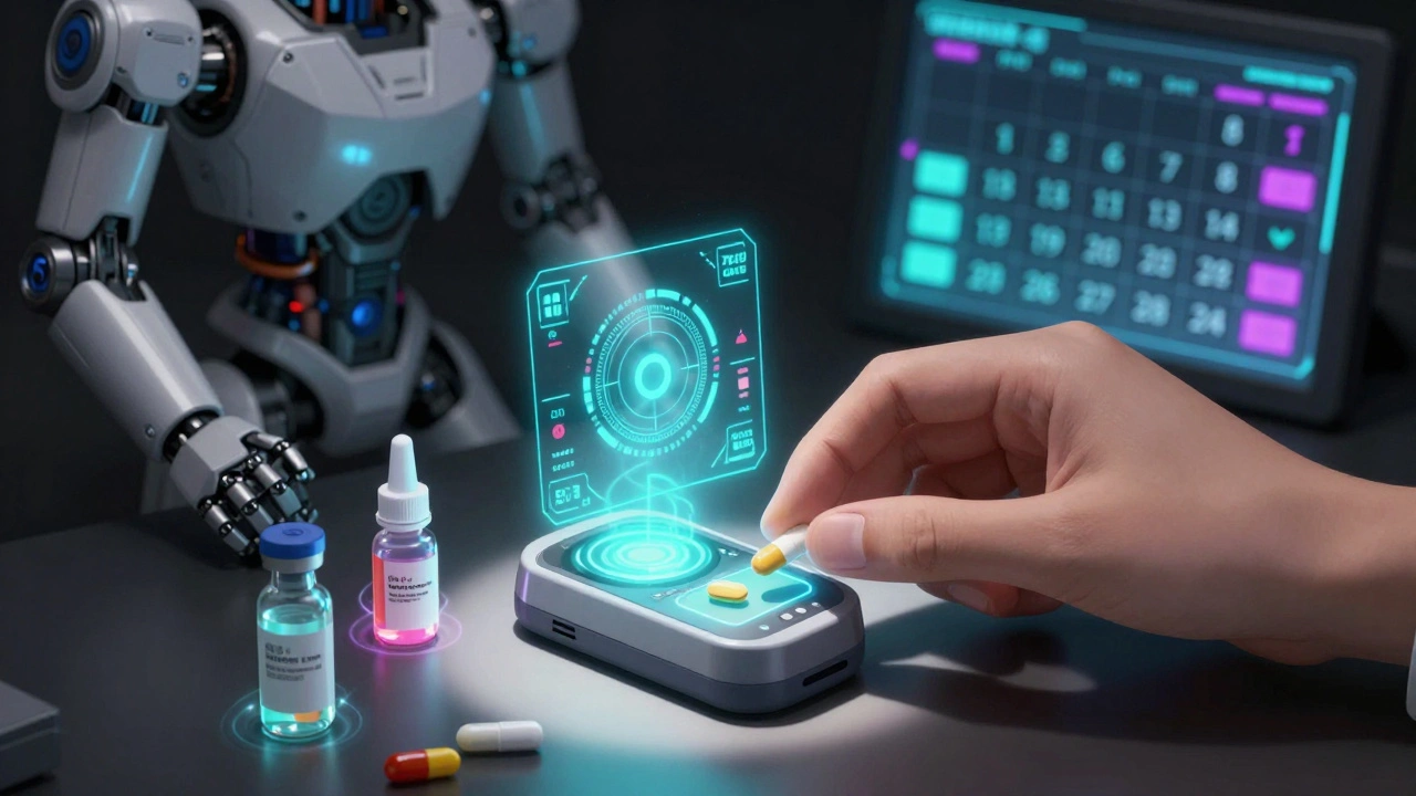 A hand placing pills into a smart dosing device with holographic timers and colored energy fields around each medication.