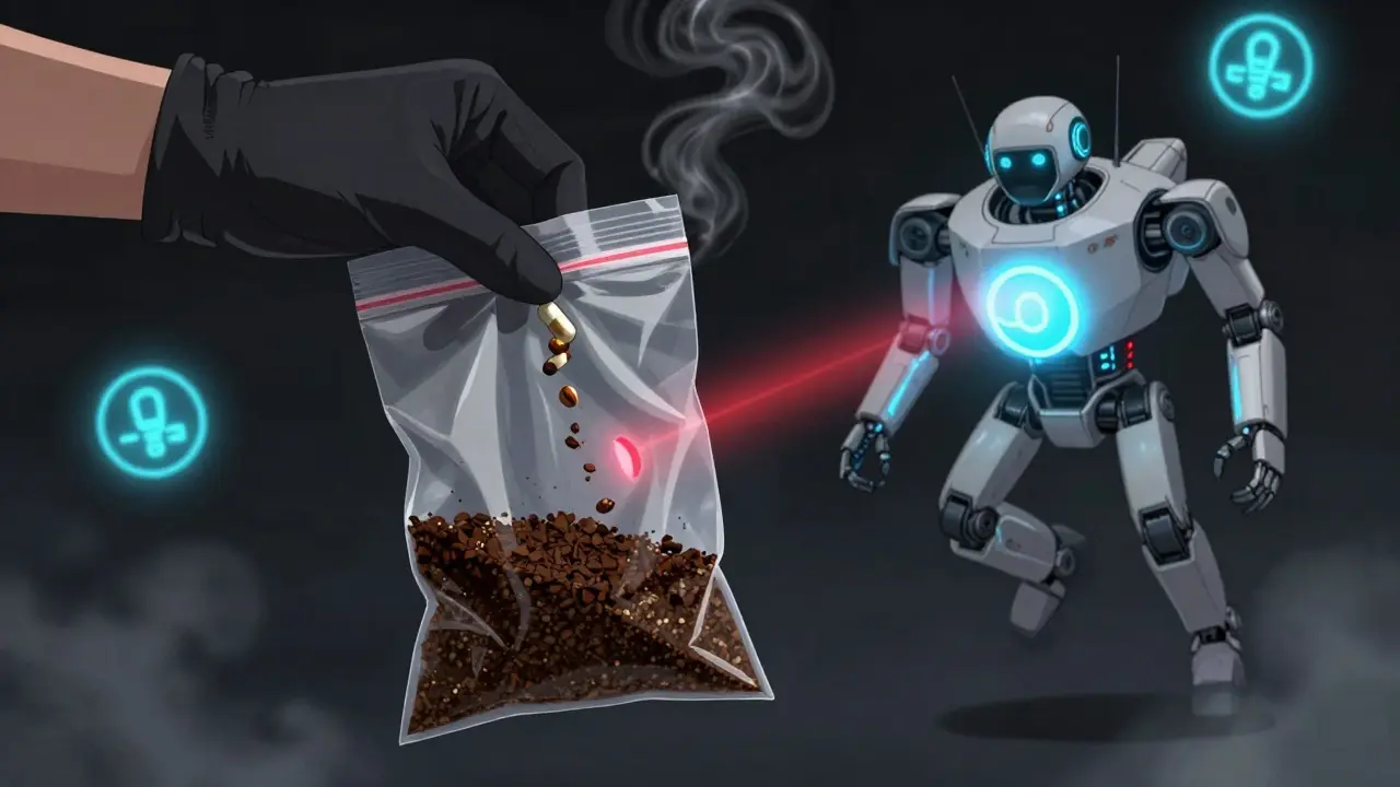 A hand sealing expired pills in coffee grounds with a scanning drone hovering nearby.