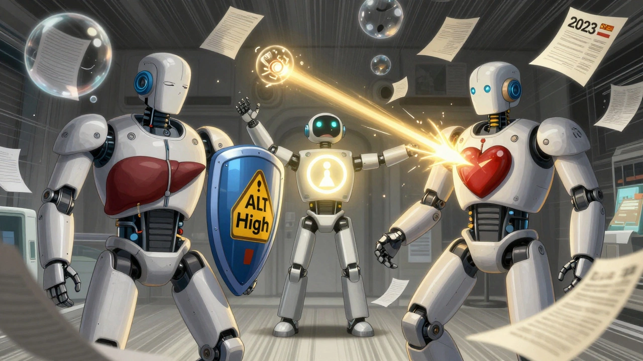 A hepatologist and cardiologist robot facing off with a patient between them, surrounded by evidence.