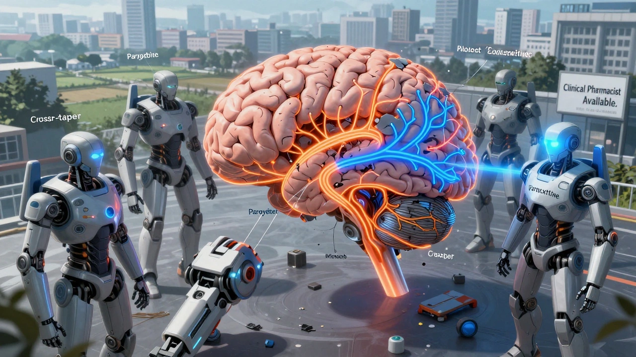 A human brain being repaired with robotic precision as new neural pathways activate in anime mecha style.