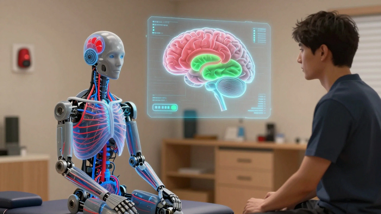 A patient and therapist facing each other with a calming brain hologram showing reduced threat response.