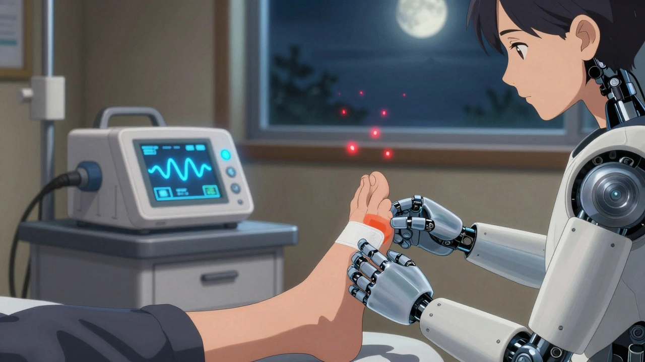 A patient applying a capsaicin patch to their foot while a TENS device calms pain signals at night.