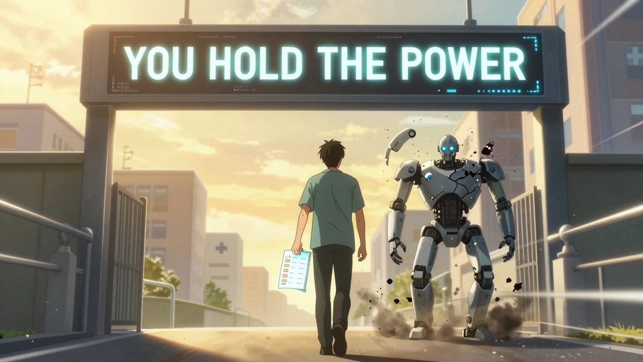A patient walking away from a hospital as broken robot fragments dissolve behind them, with a glowing banner saying &#039;YOU HOLD THE POWER&#039;.