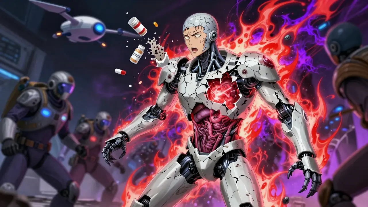 A person’s skin peeling like armor to reveal glowing organs during a severe drug reaction.