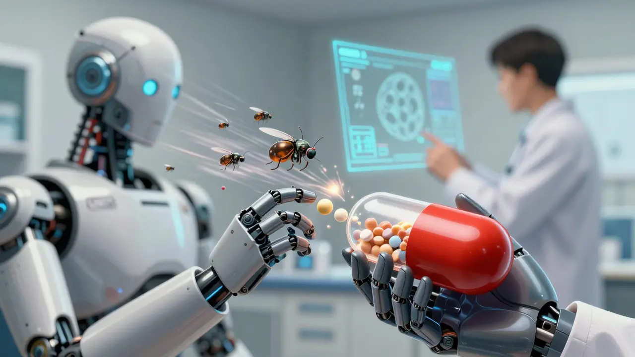 A personalized pill releasing drug and probiotic robots that neutralize harmful gut enzymes in a futuristic clinic.