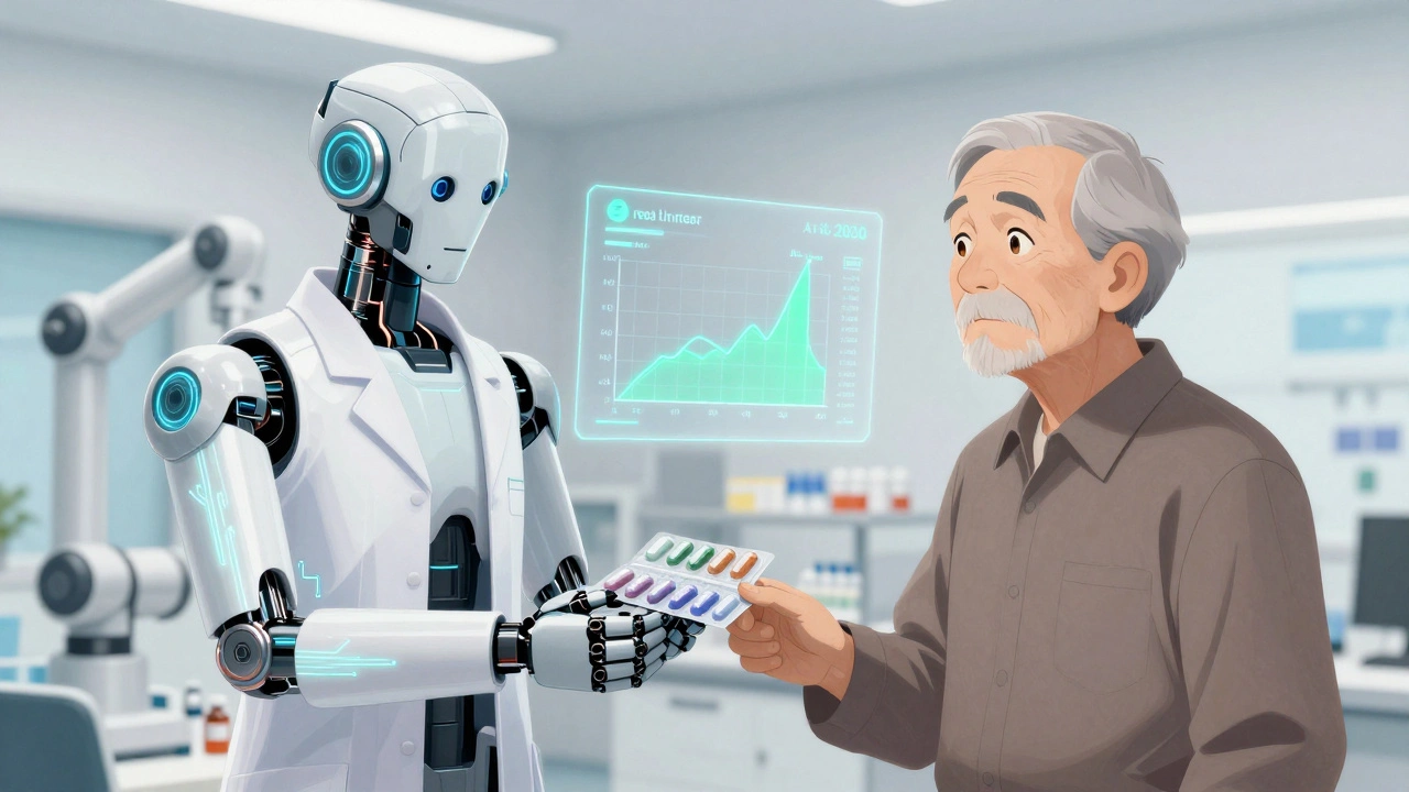 A pharmacist hands a blister pack to an elderly man in a high-tech clinic with digital health displays.