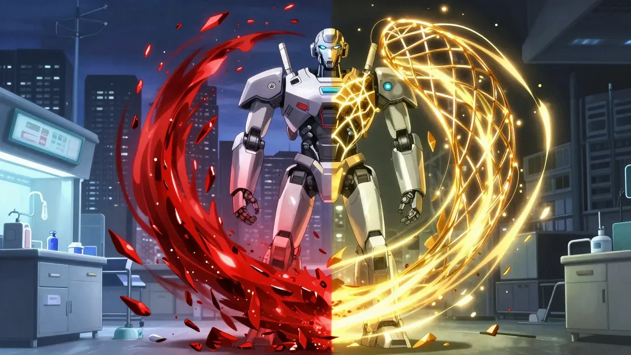 A robot mediator between blood thinner agents, symbolizing hospital access disparities.