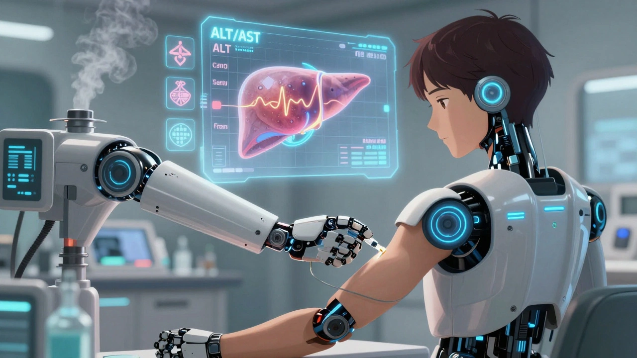 A robotic arm administering a statin as a holographic liver shows improving health metrics.