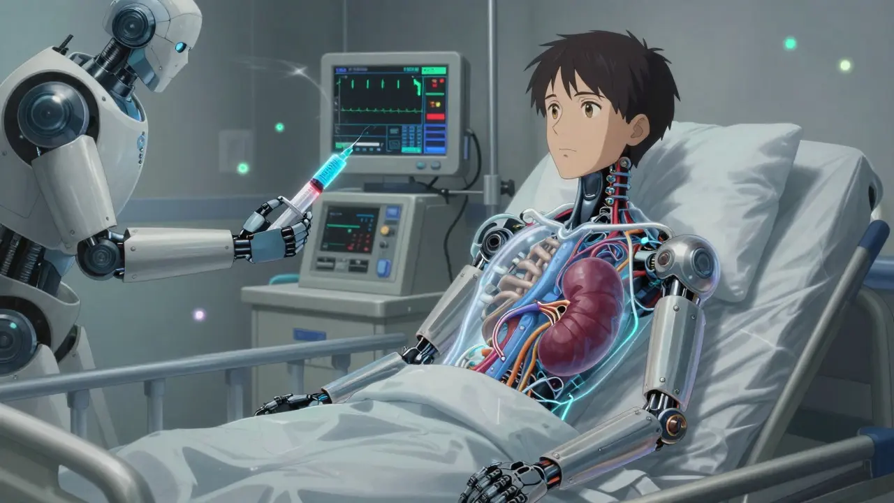 A transplant patient with a transparent chest revealing a robotic kidney and a pharmacist robot monitoring blood levels.