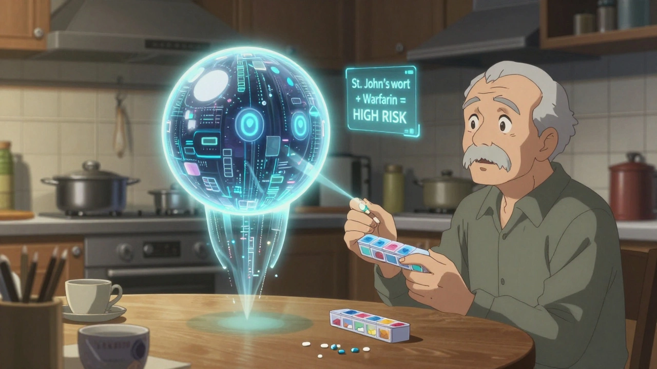 An AI orb projects a drug risk warning above an elderly man’s pill organizer at home, beams of light connecting each medication.